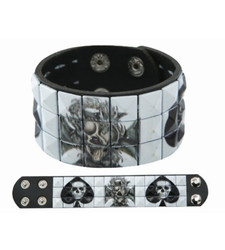 BLACK WHITE SKULLS SPADES pyramid stud studded wristband strap